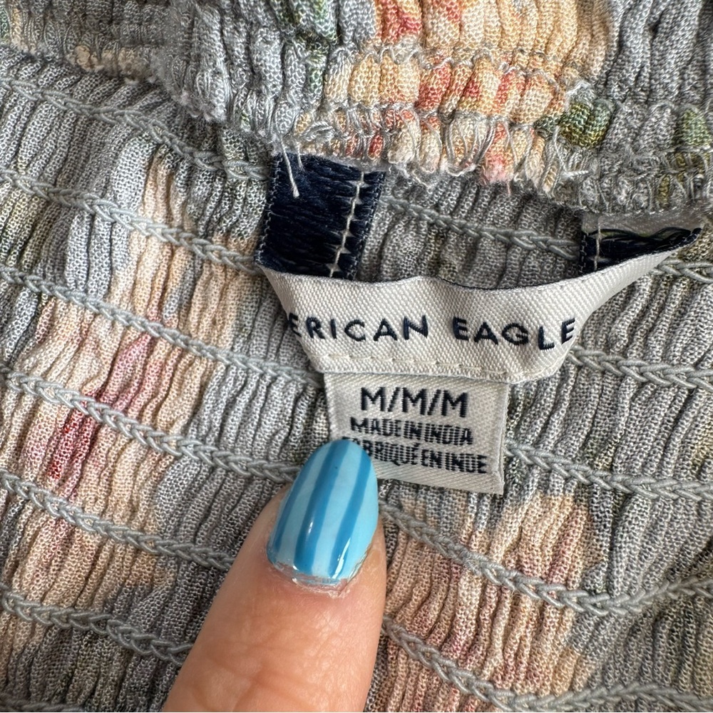 ARO Blue Grey Floral Smocked Button Tube Top Tank M - Picture 8 of 11